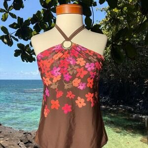 Merona Y2K brown and pink floral print swimsuit halter top -‎ Size Small
